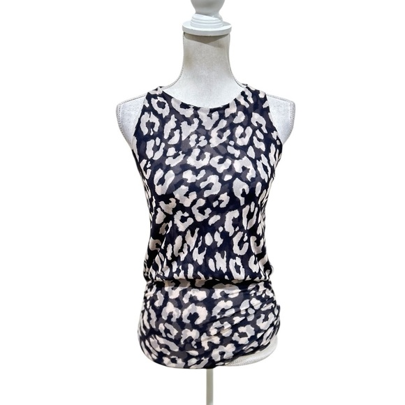 Sweet Pea black off white animal Print Sleeveless sheer netting blouse top small - Picture 1 of 9